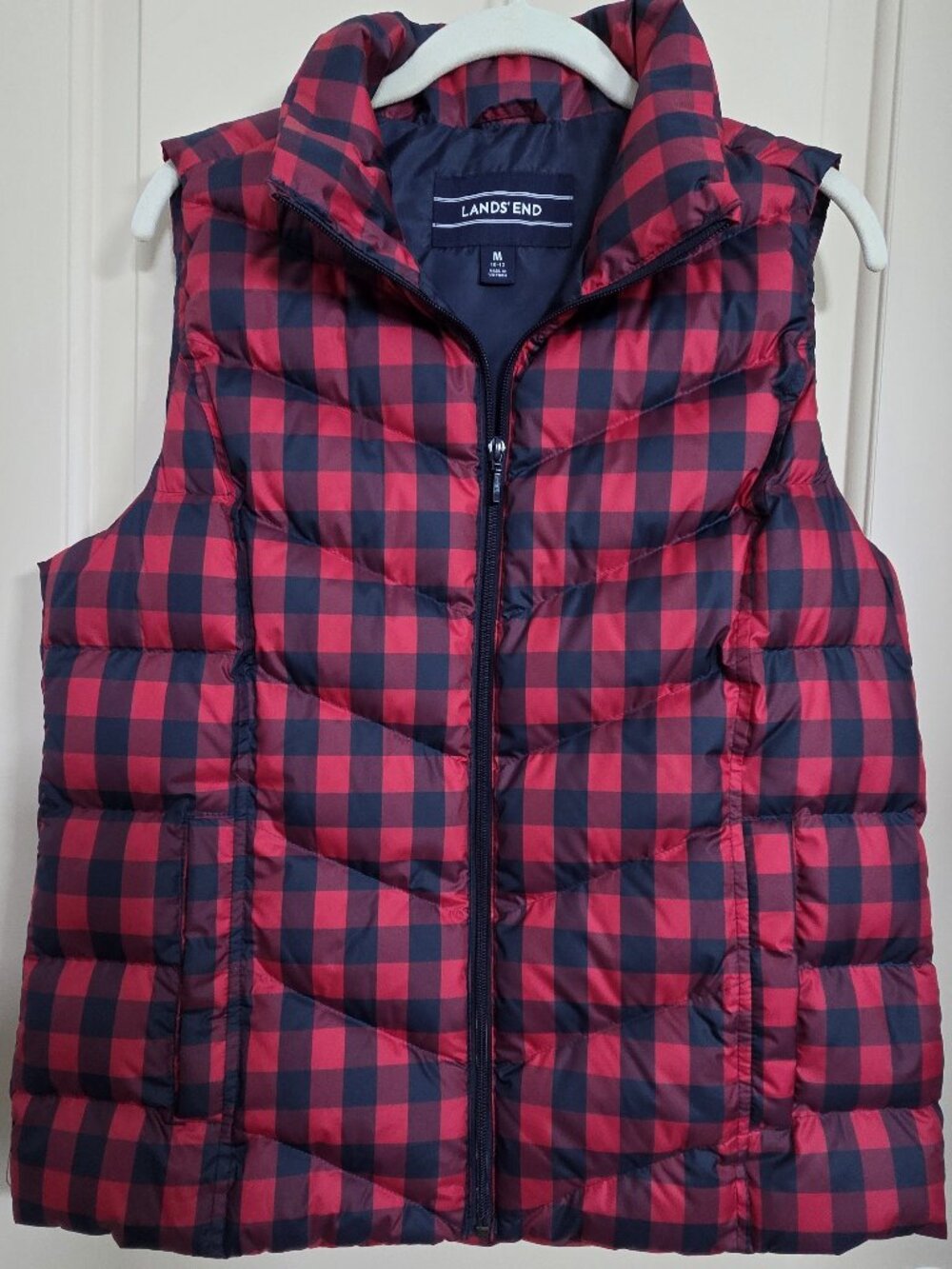 Lands End Down Vest Red-Navy Check Puffer Full Front Zipper Sz Med (10-12)